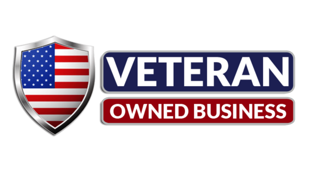 A veteran owned business logo with an american flag on it.
